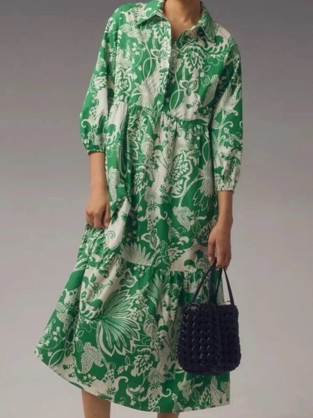 Anthropologie x Meave The Bettina Tiered Midi Shirt Dress Green Medium Cotton